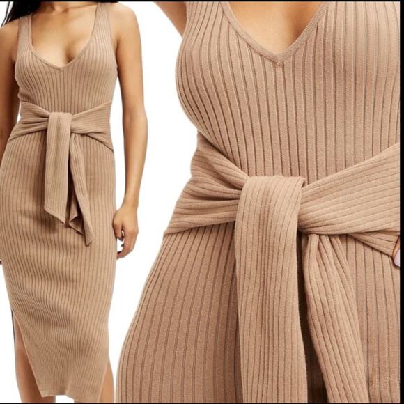 Good American Sleeveless NWT Belted Body Dress Ribbed Knit Midi Taupe Size Small - Picture 1 of 8